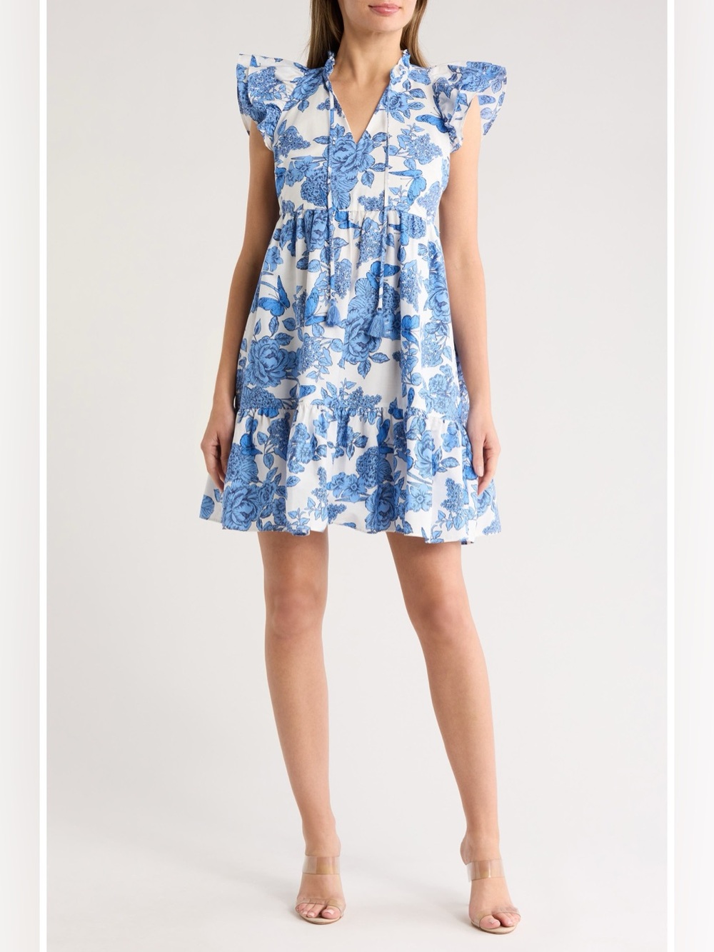 Eliza J Flutter Sleeve Tiered Dress Blue White Floral Butterfly Cottagecore 4